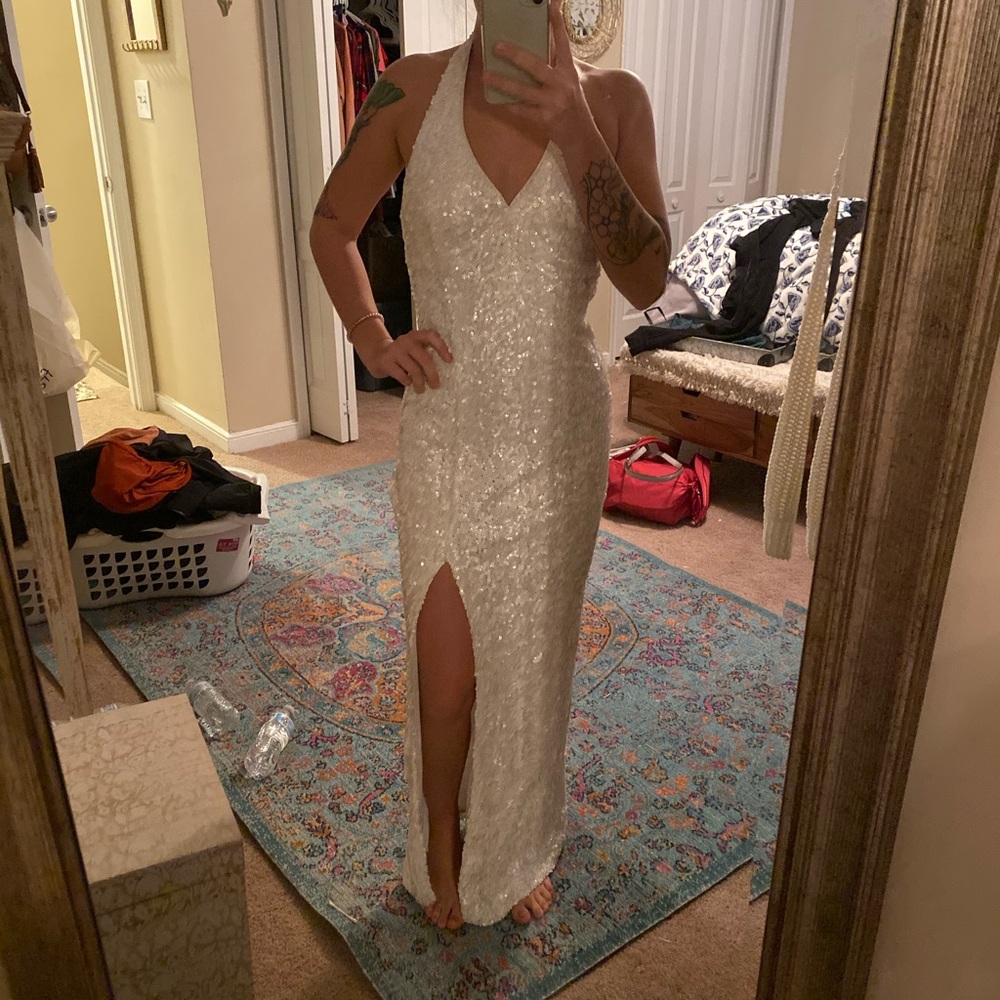 White sequin backless prom dress